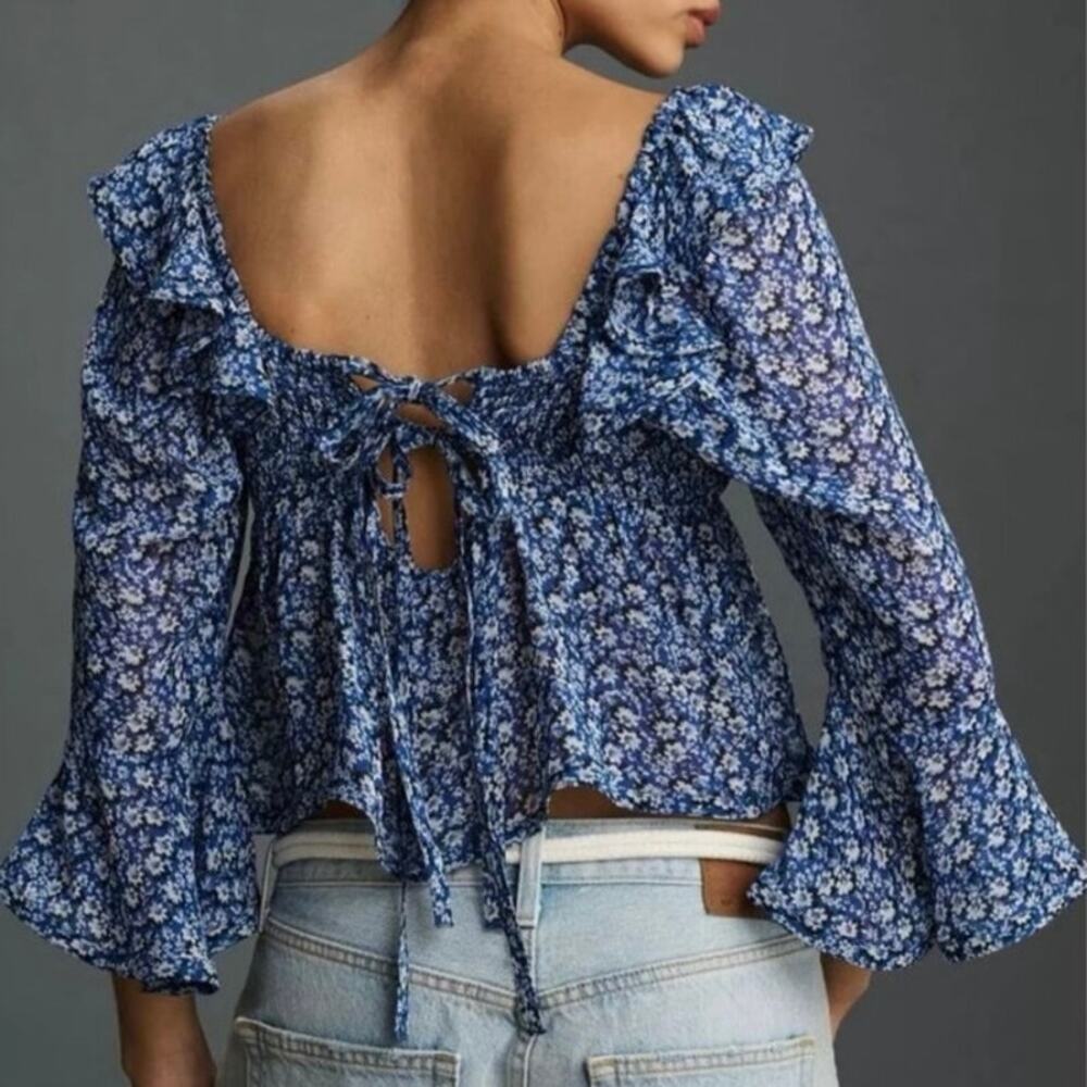 Anthropologie Maeve NWT Square-Neck Sheer Babydoll Floral Bell Sleeve Blouse - Picture 2 of 12